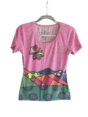 Romero Britto S? Y2K Pop Art Earth Day Tee Bright Pink Butterfly Graphic Tee